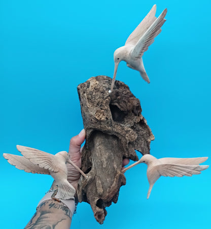 Driftwood Wall Art with Hand-Carved Hummingbirds