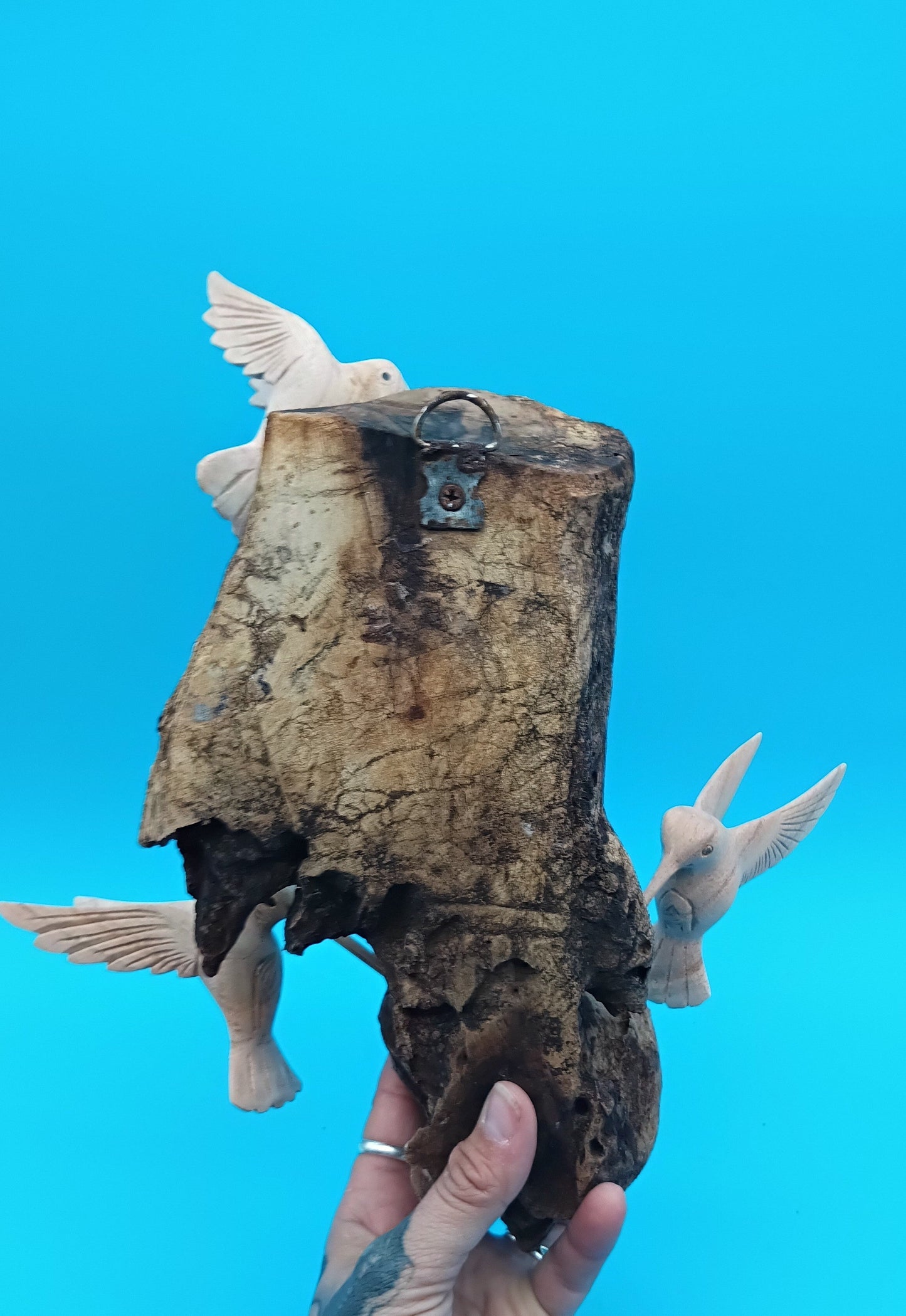 Driftwood Wall Art with Hand-Carved Hummingbirds