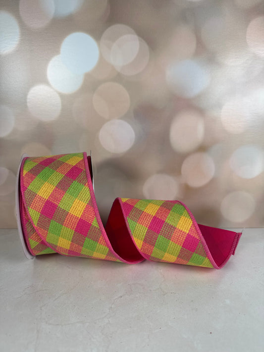 2.5"X10YD DIAG WOVEN CHECK/PG FUSED HOT PINK/LIME/YELLOW