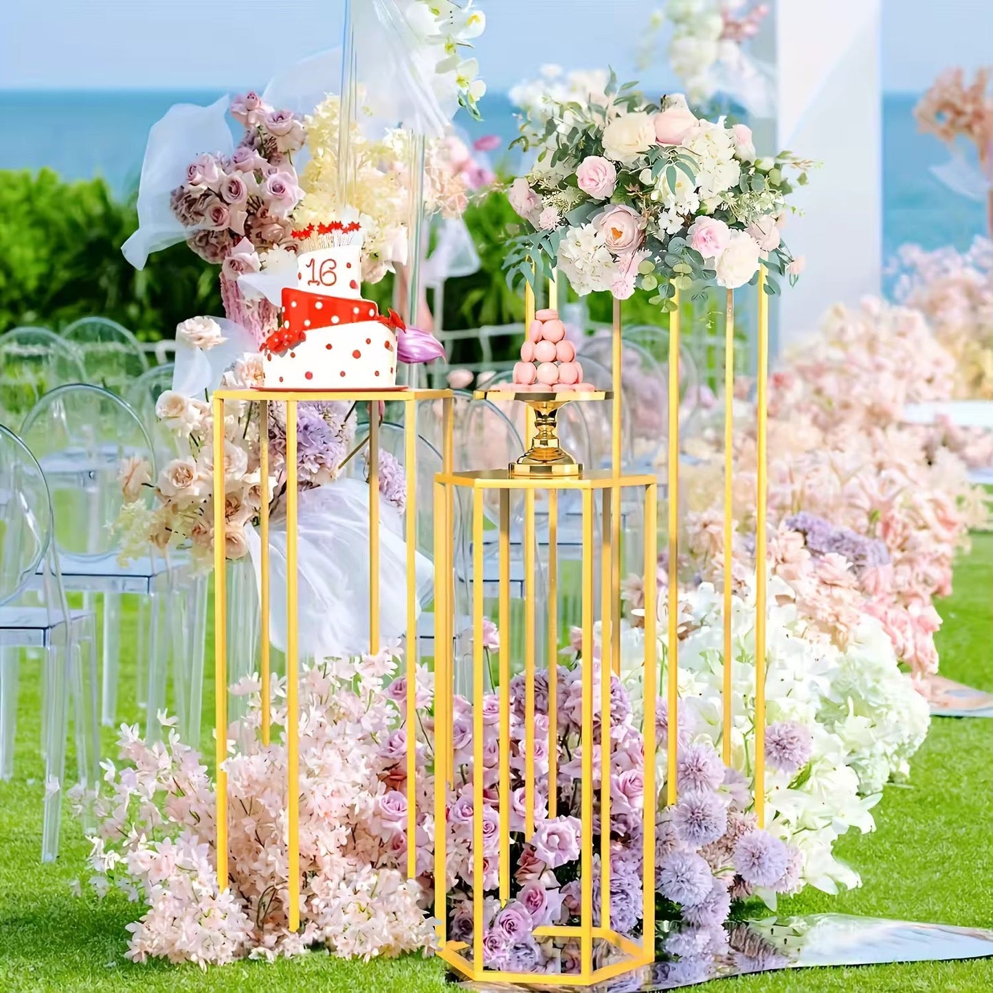 Hex Wedding Cake Stands | 3-Piece Set Gold Metal Pedestals