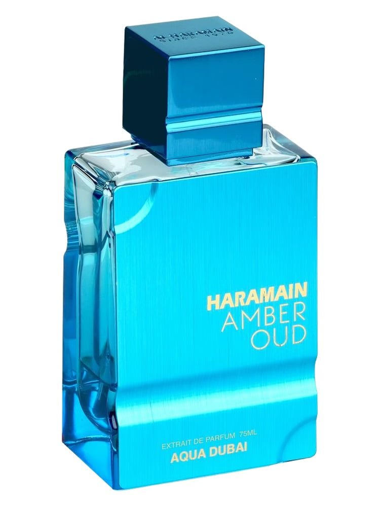 Blue perfume bottle labeled 'Haramain Amber Oud' on a white background