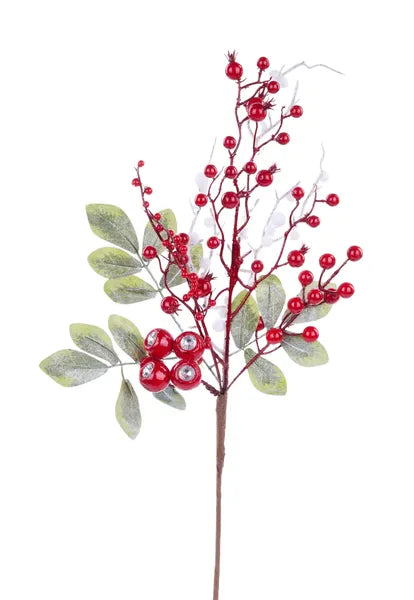 18"L SNOWED BERRY/ROSEHIP SPRAY RED/WHITE/METALLIC GREEN