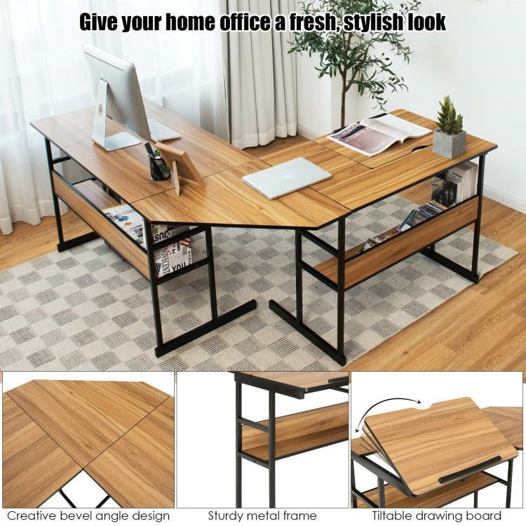Modern Corner L-Shaped Computer Desk with Tilt Tabletop in Walnut Black Finish