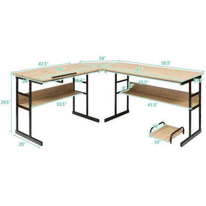 Modern Corner L-Shaped Computer Desk with Tilt Tabletop in Walnut Black Finish