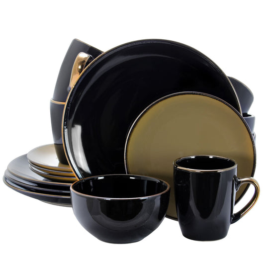 Elama Cambridge Grand 16-Piece Dinnerware Set in Luxurious Black and