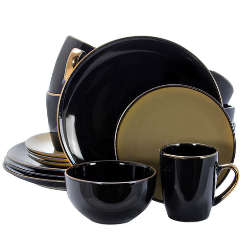 Elama Cambridge Grand 16-Piece Dinnerware Set in Luxurious Black and