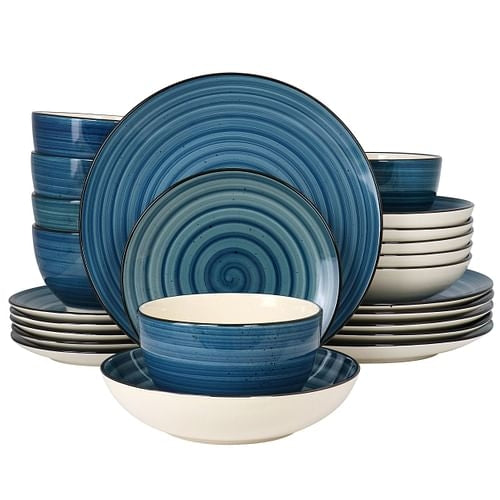 Elama Gia 24 Piece Round Stoneware Dinnerware Set in Dark Blue | Kitchen + Metal