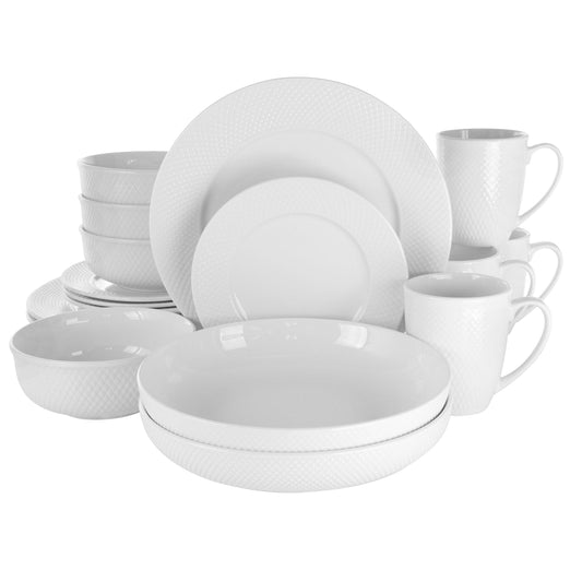 Elama Maisy 18 Piece Round Porcelain Dinnerware Set in White | Dinnerware | Kitchen + Metal