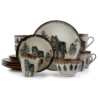 Elama Majestic Wolf 16 Piece Luxurious Stoneware Dinnerware with