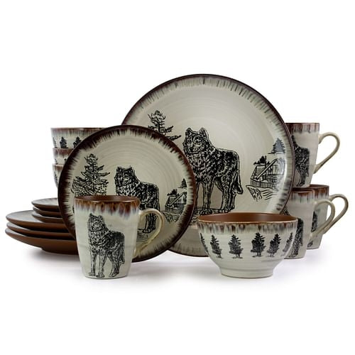 Elama Majestic Wolf 16 Piece Luxurious Stoneware Dinnerware with