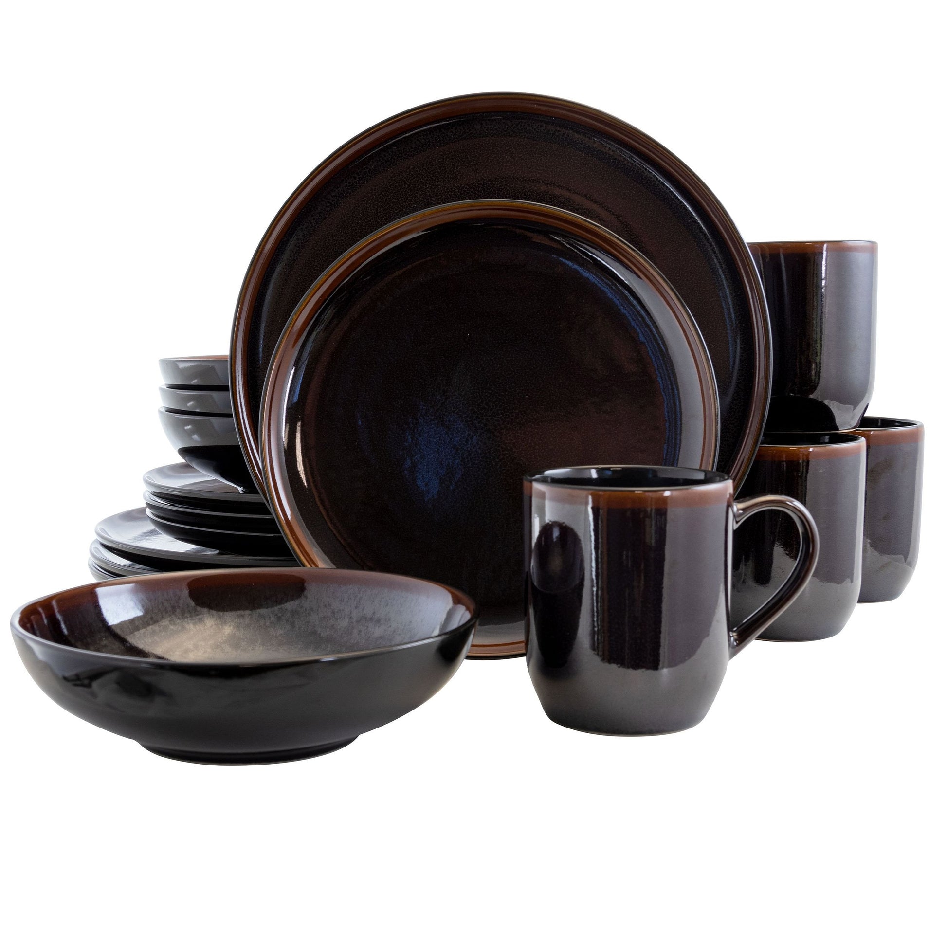 A 16 piece round stoneware dinnerware set in metallic black with brown trim, including plates, bowls, and cups.