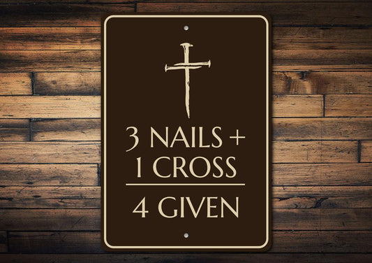 Decorative sign with cross and text on a wooden background