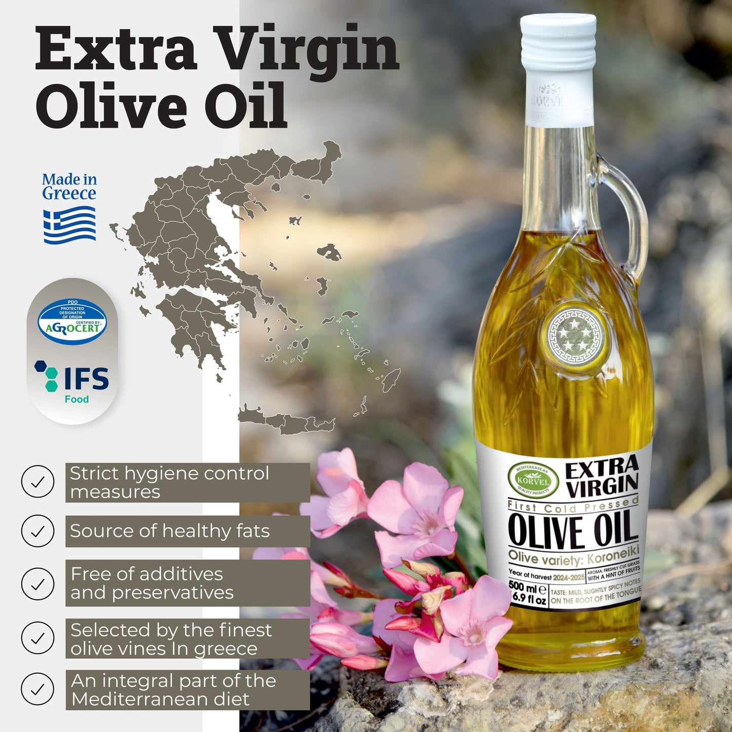 KORVEL Greek Extra Virgin Olive Oil, Amphora Bottle, 16.9 fl oz (500ml)