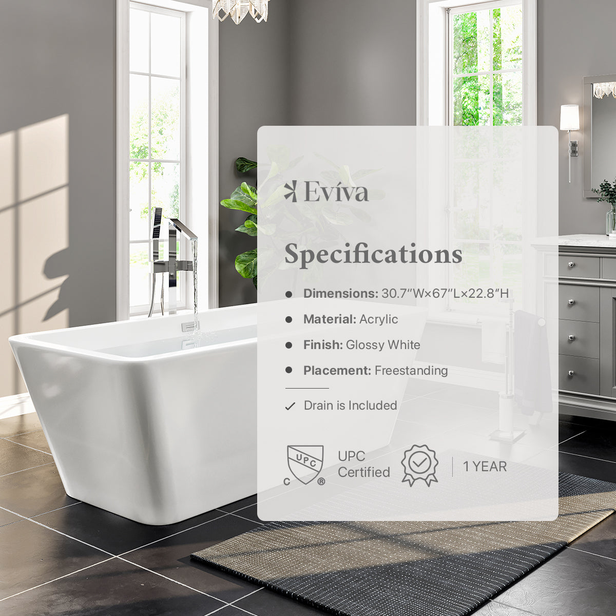 Eviva Eclipse Glossy White Acrylic Freestanding Bathtub