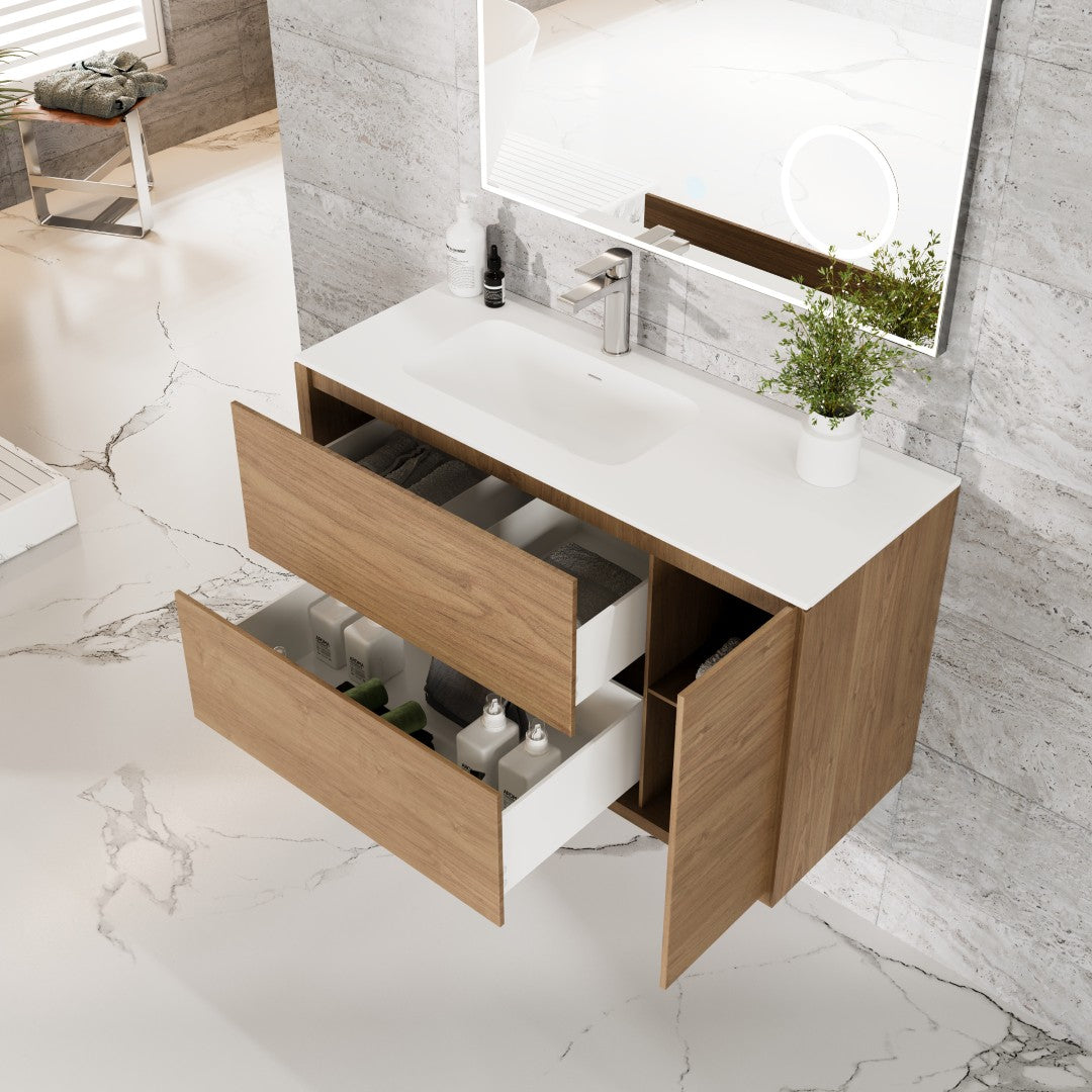Eviva Prancer Wall Mount Bath Vanity with Solid Surface Top and Integrated Sink