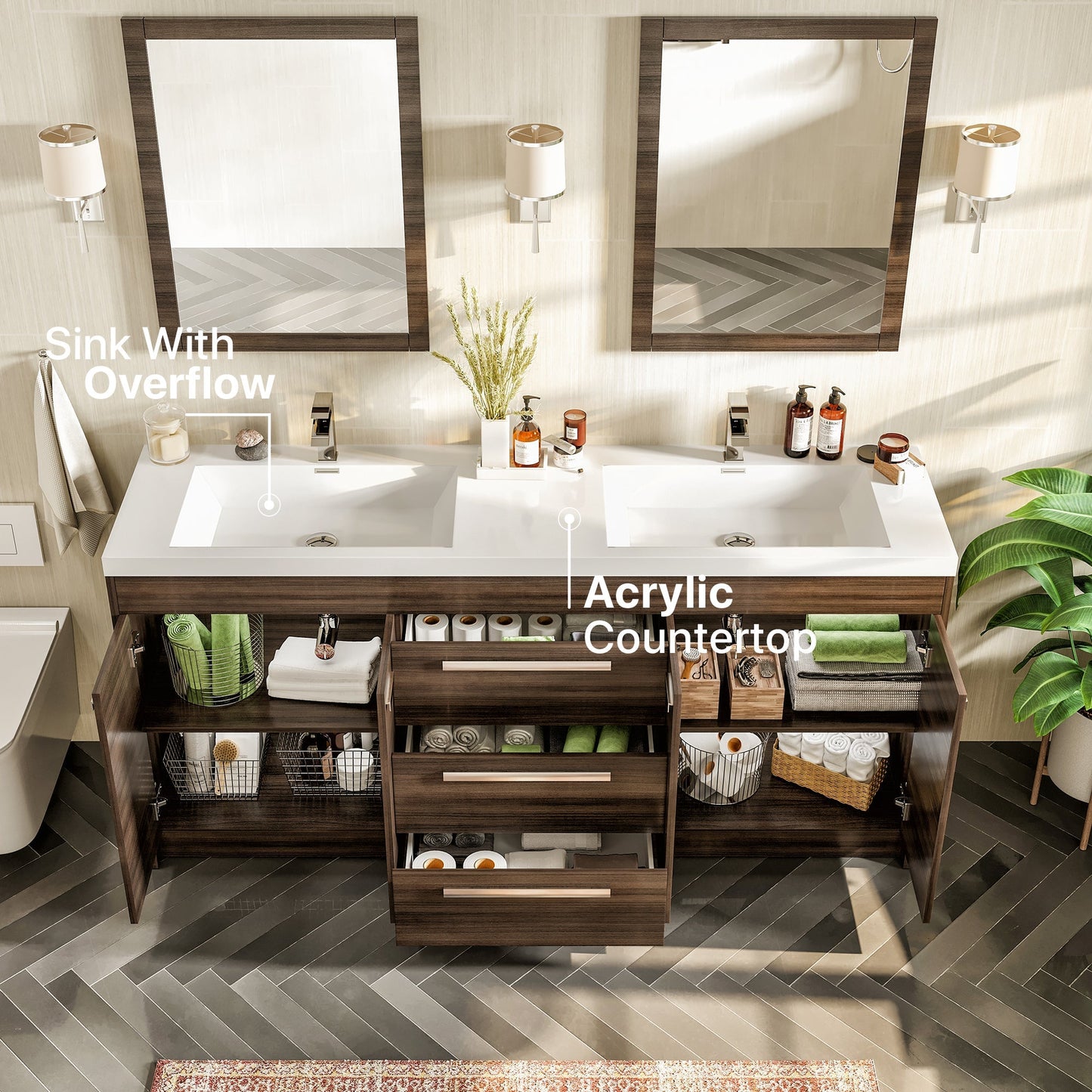 Eviva Lugano Bath Vanity with Acrylic Top and Integrated Sink (24"-84")