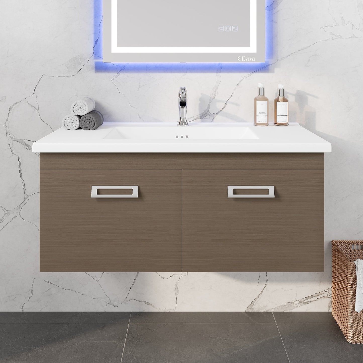 Eviva Orleans Wall Mount Bath Vanity with Porcelain Top and Integrated Sink