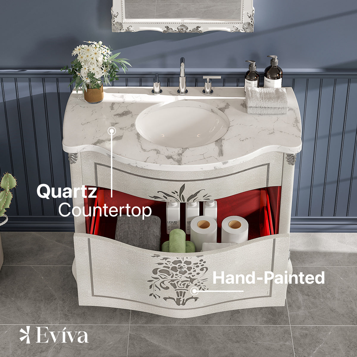 Eviva Monaco Bath Vanity with Carrara Quartz Top and Undermount Porcelain Sink