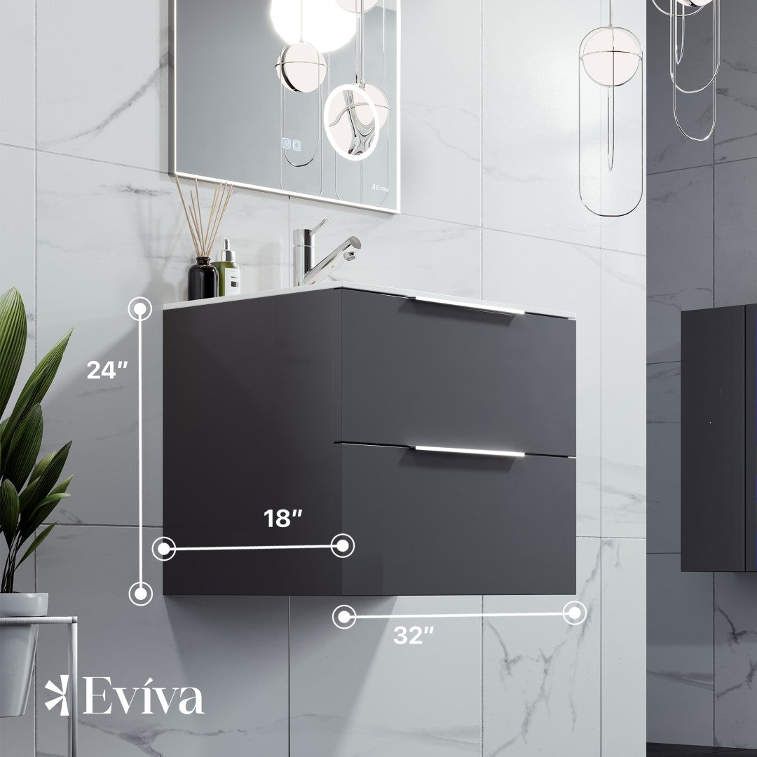 Eviva Galsaky Wall Mount Bath Vanity with Porcelain Top and Integrated Sink (24"-32")
