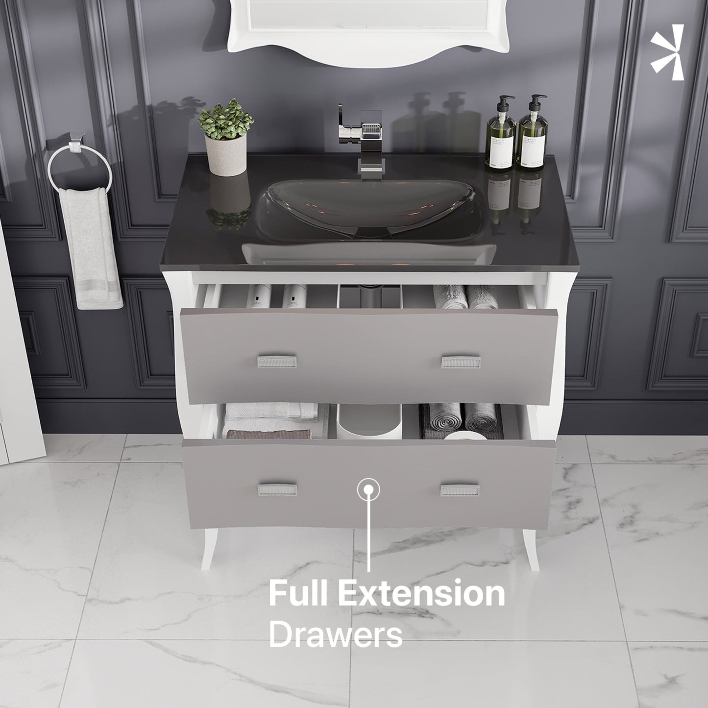 Eviva Aranjuez Bath Vanity with Tempered Glass Top and Integrated Sink (24"-32")