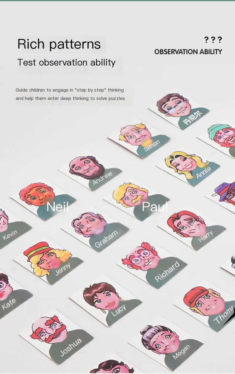 Educational cards with cartoon faces and names on a light gray background
