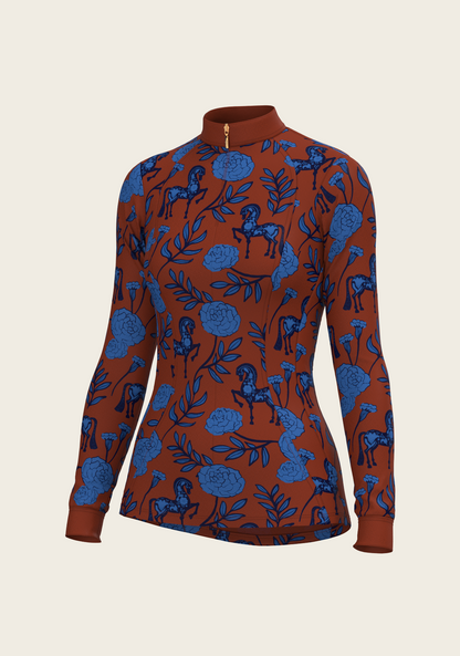 Peony in Blue on Tan Quarter Zip Sun Shirt