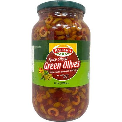 Baraka Spicy Green Olives Slices - Flavorful Mediterranean Snack, 12 Oz Jar