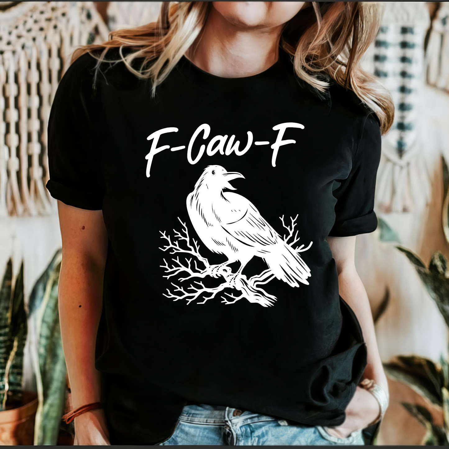 F Caw F, Raven, Crow, Funny, Trending, Vulgar, Crude, Halloween, Goth, Witch, Spooky, Graphic Tee, Black Tshirt