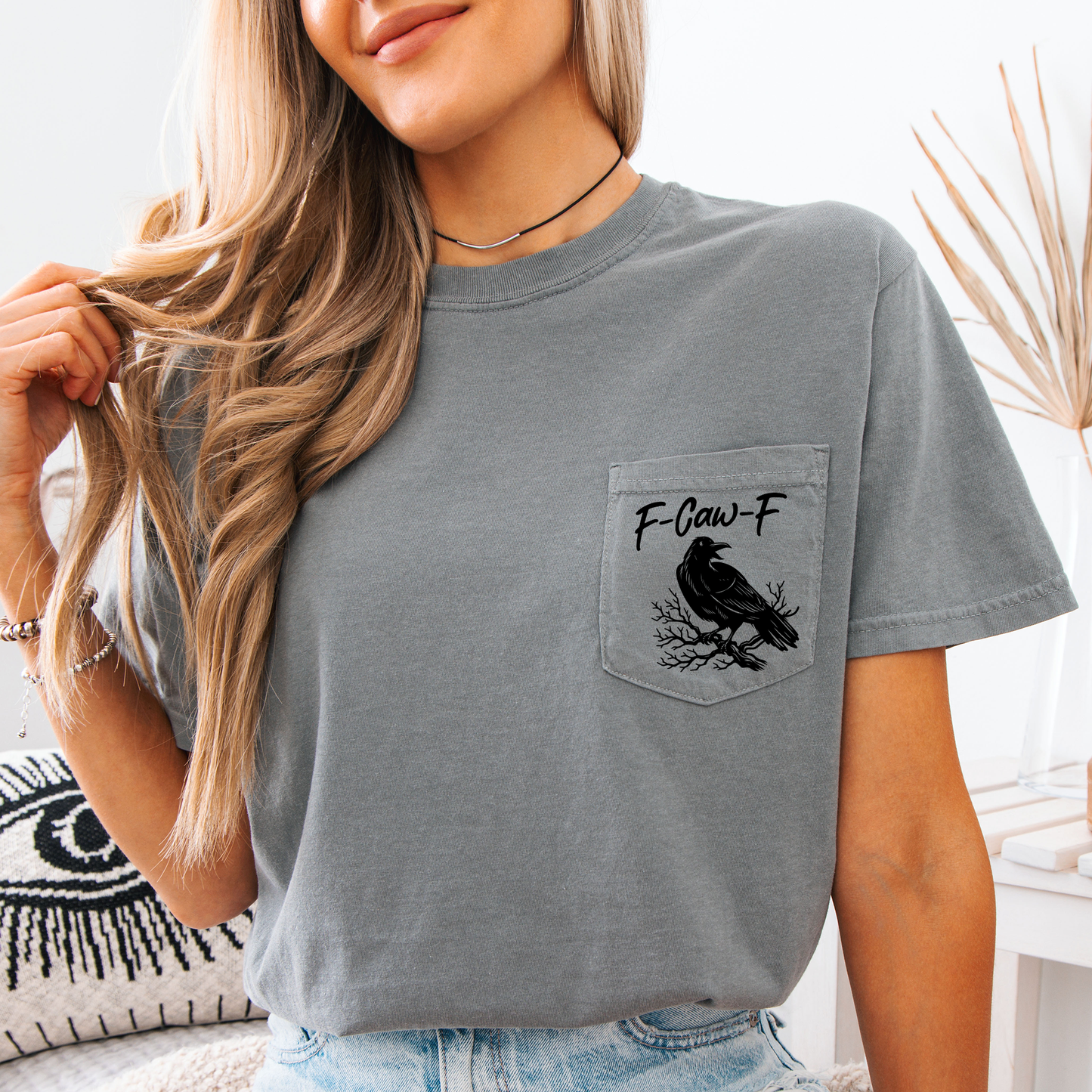F Caw F, Raven, Crow, Funny, Vulgar, Crude, Halloween, Goth, Witch, Spooky, Pocket, Comfort Colors Pocket T-Shirt