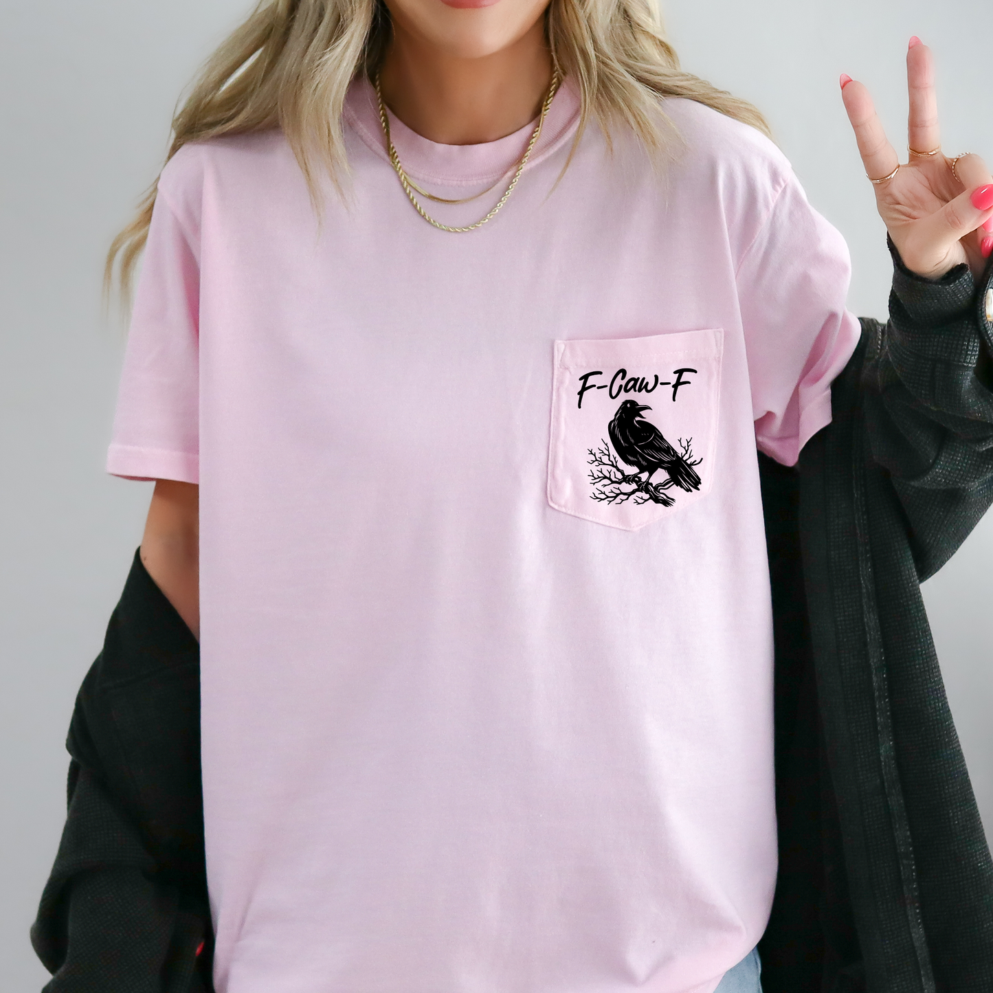 F Caw F, Raven, Crow, Funny, Vulgar, Crude, Halloween, Goth, Witch, Spooky, Pocket, Comfort Colors Pocket T-Shirt