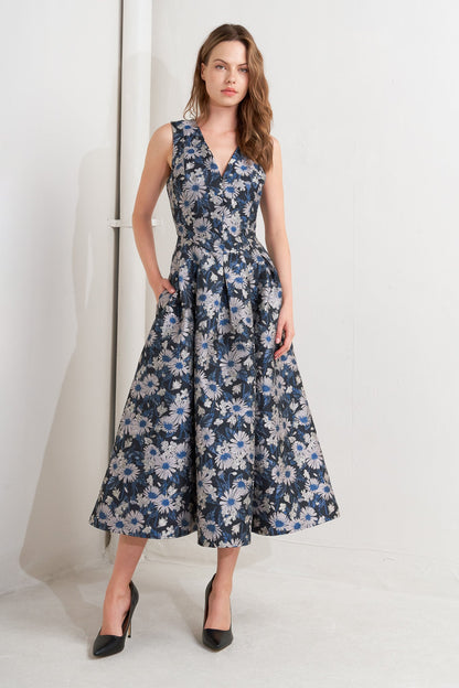 LUX BLOOMING WOVEN JACQUARD MIDI DRESS