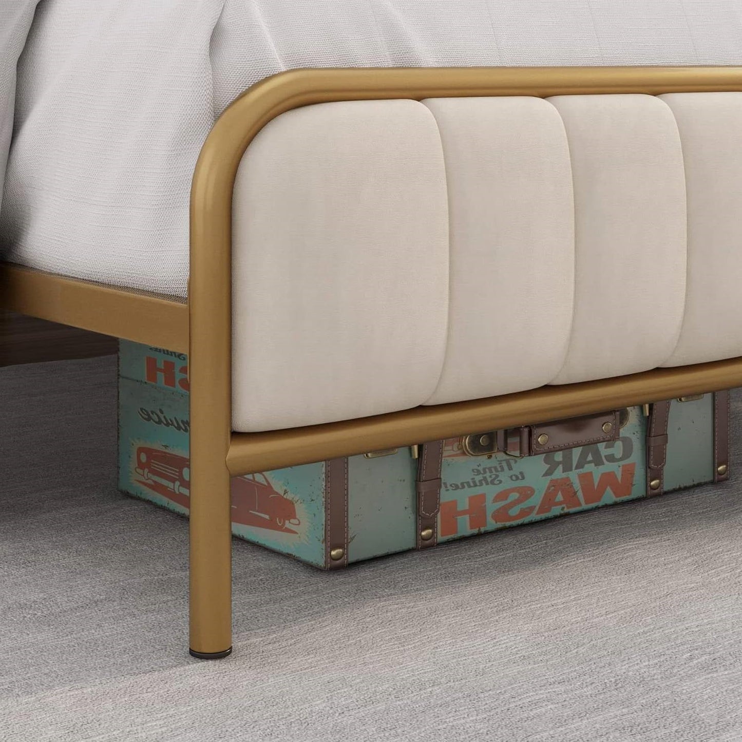 Full size Gold Metal Platform Bed Frame with Off-White Upholstered Headboard