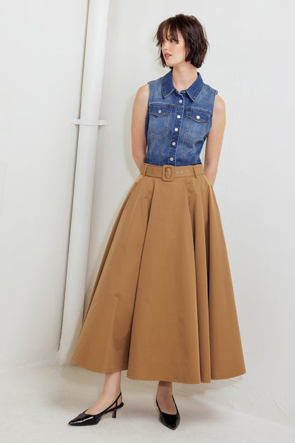 GOLDEN STILL CAMEL WOVEN FULL MIDI SKIRT