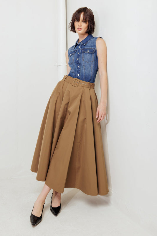 GOLDEN STILL CAMEL WOVEN FULL MIDI SKIRT