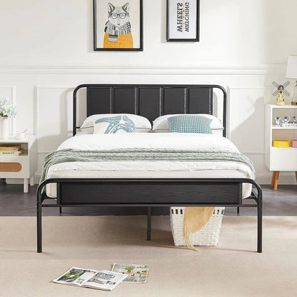 Full size Black Wood Metal Platform Bed Frame with Rounded Headboard Footboard