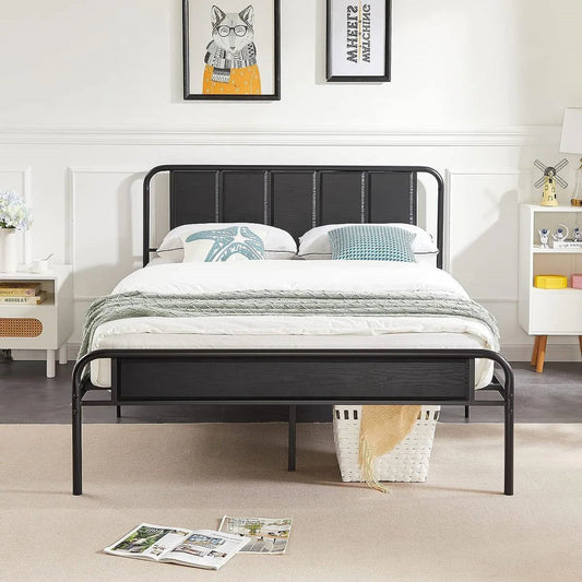 Full size Black Wood Metal Platform Bed Frame with Rounded Headboard Footboard