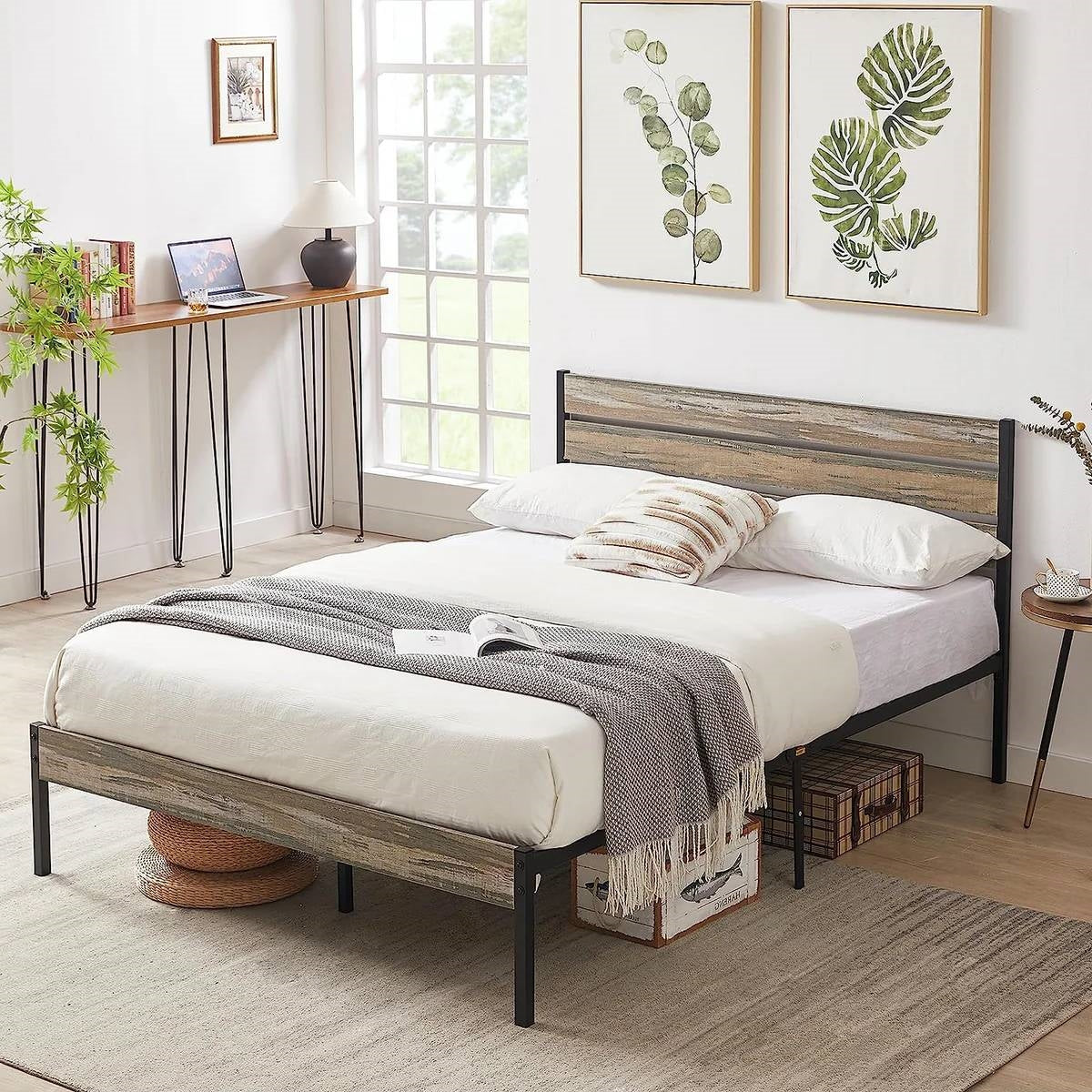 Full size Industrial Rustic Wood / Metal Platform Bed Frame with Headboard