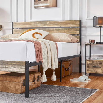 Full size Industrial Rustic Wood / Metal Platform Bed Frame with Headboard
