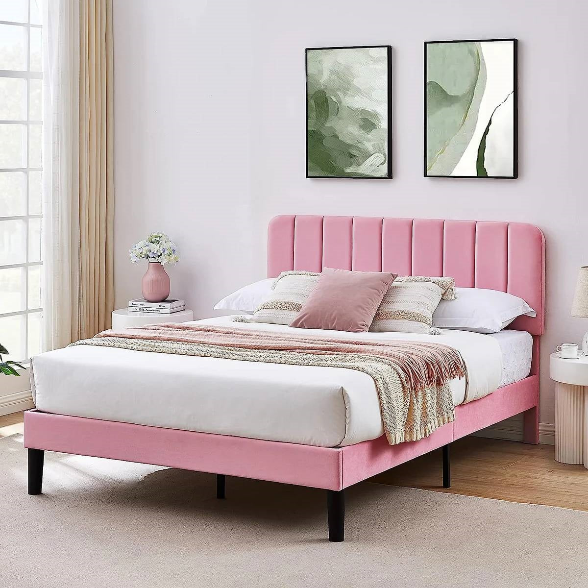 Full size Pink Upholstered Platform Bed Frame with Headboard