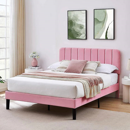 Full size Pink Upholstered Platform Bed Frame with Headboard