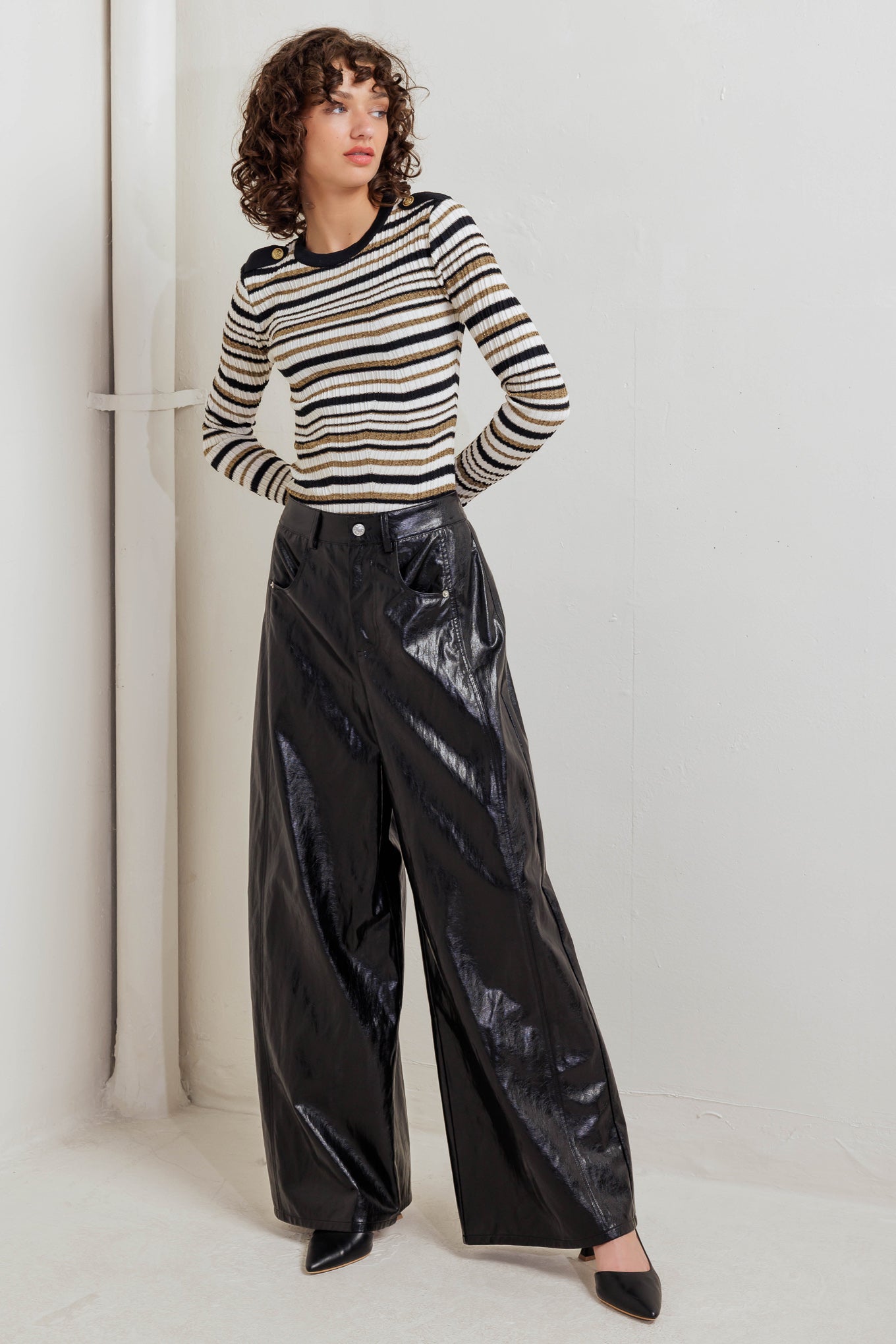 GLOSSY CITY STRIPES FAUX LEATHER PANTS