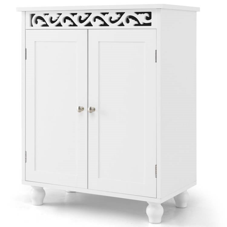 Bathroom Floor Cabinet with 2 Storage Shelves in White Wood Finish