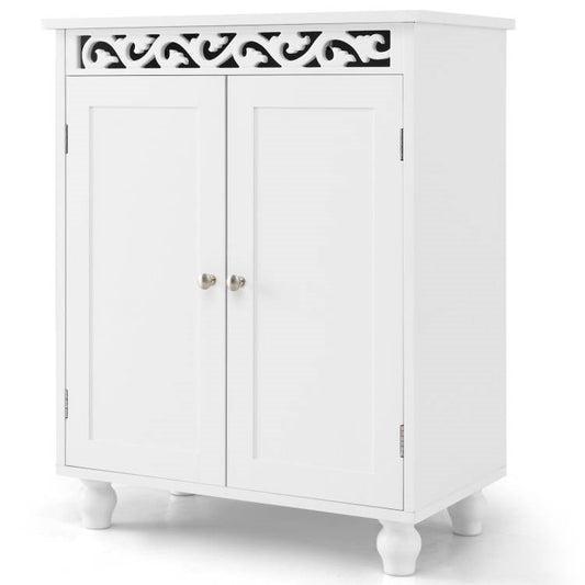 Bathroom Floor Cabinet with 2 Storage Shelves in White Wood Finish