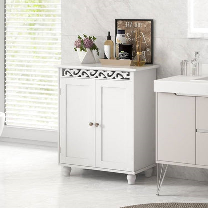Bathroom Floor Cabinet with 2 Storage Shelves in White Wood Finish