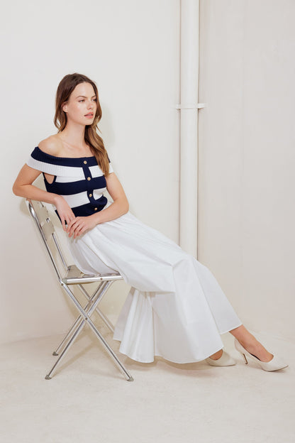 MODERN MUSE NAVY KNIT WOVEN MIDI DRESS