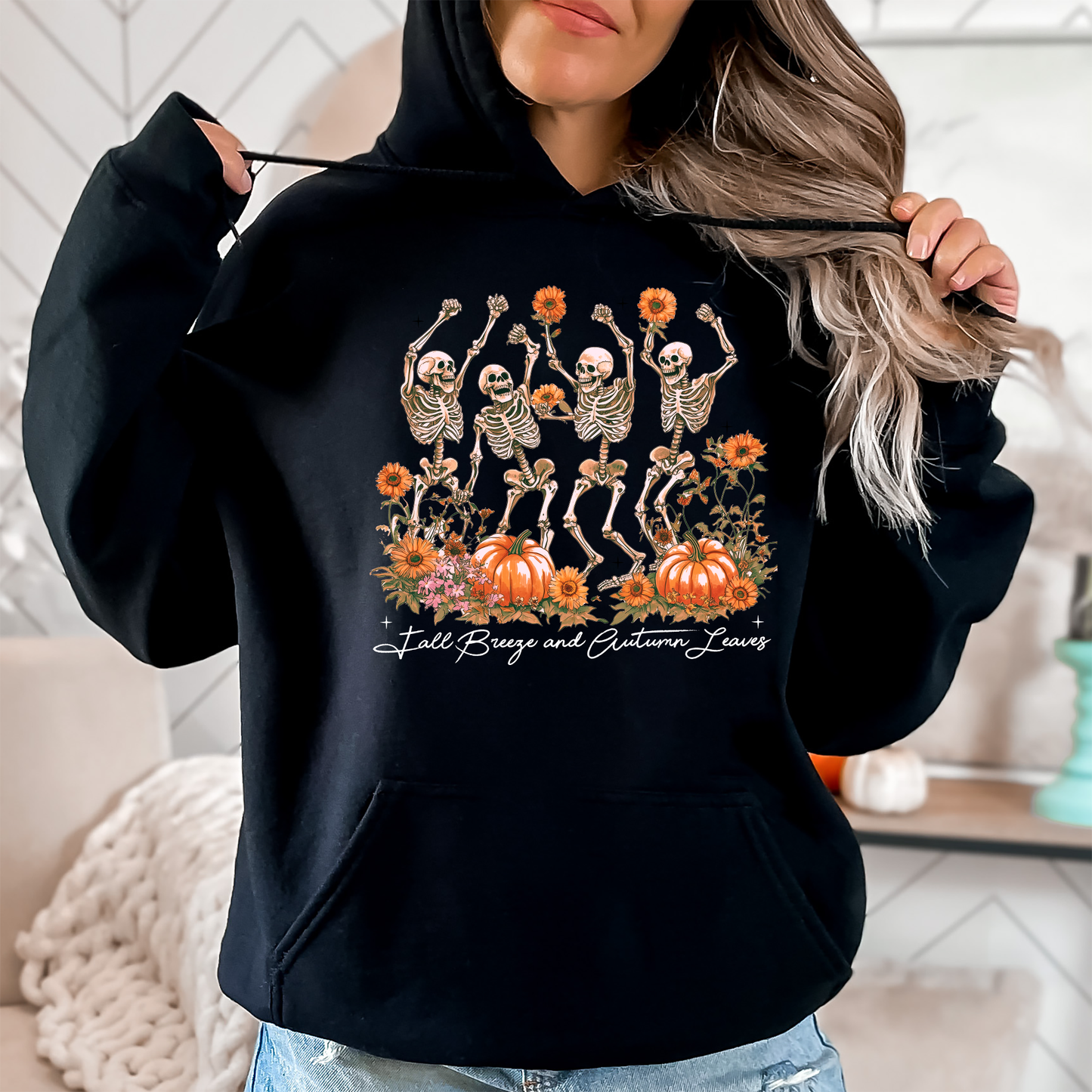 Fall Breeze and Autumn Leaves, Skeletons, Fall, Pumpkin Spice, Autumn Skeleton, Dancing Skeletons, Graphic Hoodie, Hooded Sweatshirt