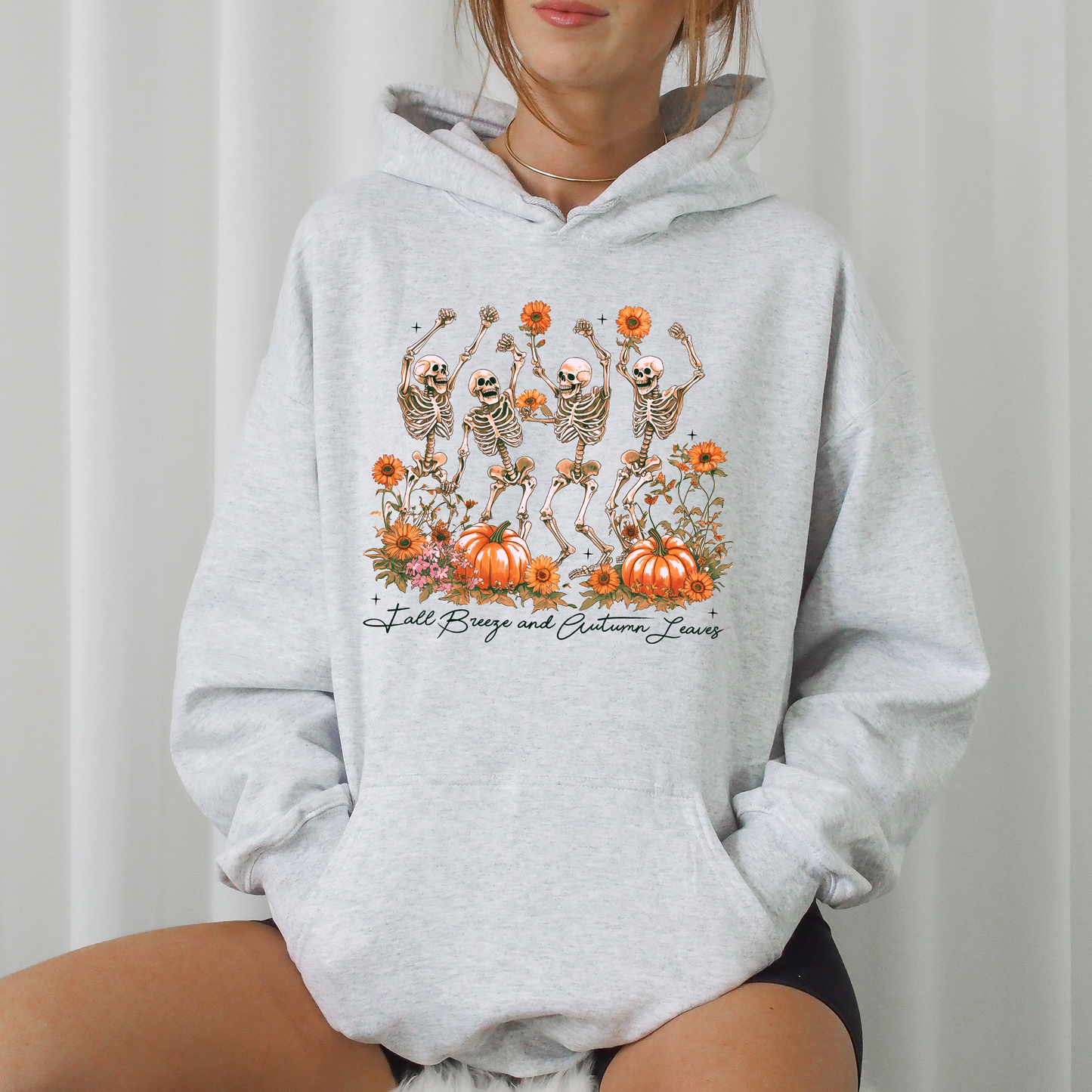 Fall Breeze and Autumn Leaves, Skeletons, Fall, Pumpkin Spice, Autumn Skeleton, Dancing Skeletons, Graphic Hoodie, Hooded Sweatshirt