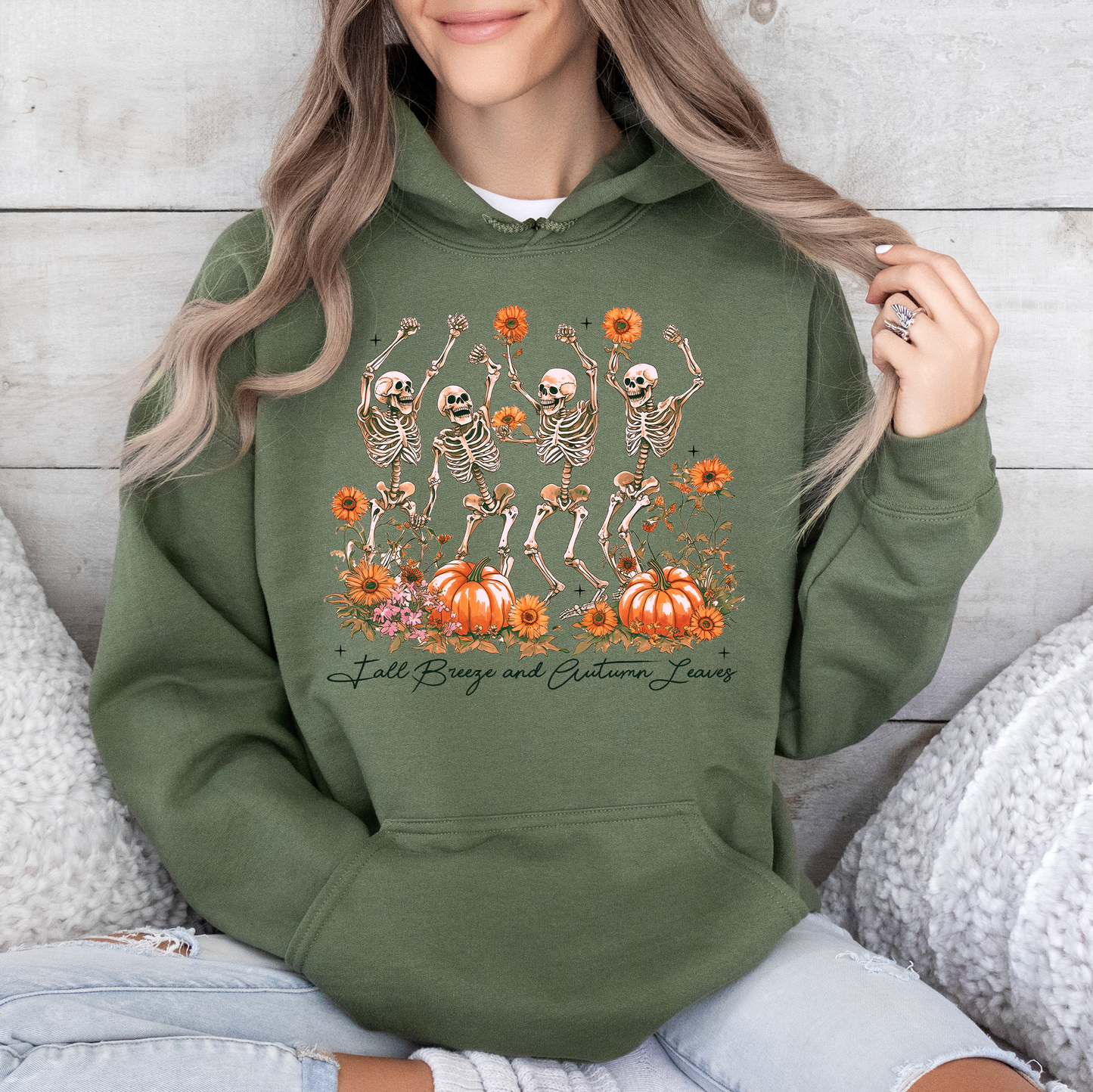 Fall Breeze and Autumn Leaves, Skeletons, Fall, Pumpkin Spice, Autumn Skeleton, Dancing Skeletons, Graphic Hoodie, Hooded Sweatshirt