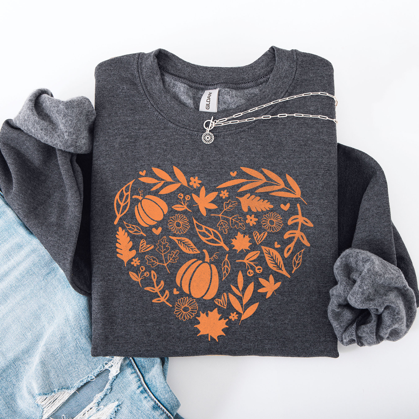 Fall Heart, Pumpkin Leaves, Autumn Sweatshirt