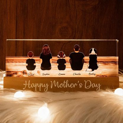 Family Sitting Back View Retro Vintage Beach Landscape - Personalized Acrylic LED Night Light - Gift For Family Members, Mom and Dad